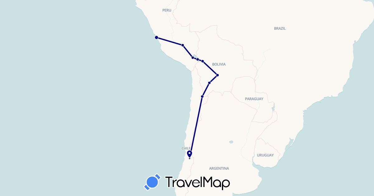 TravelMap itinerary: driving in Bolivia, Chile, Peru (South America)